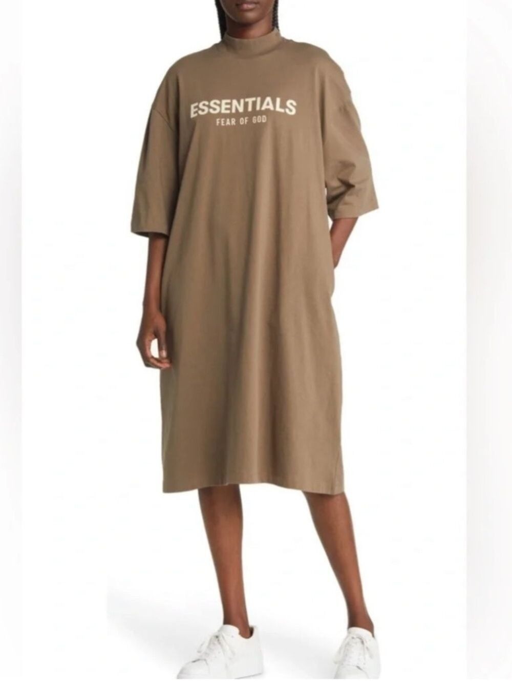 Fear Of God Essentials Graphic T-Shirt Midi Dress Pockets oversized small brown